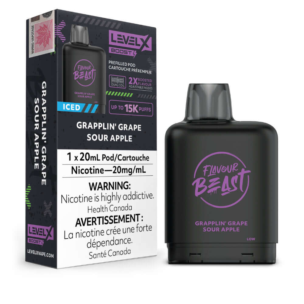 Flavour Beast Boost Vape Pods - Grapplin' Grape Sour Apple Iced - Level X Flavour Beast Boost Pod 20mL 6PC