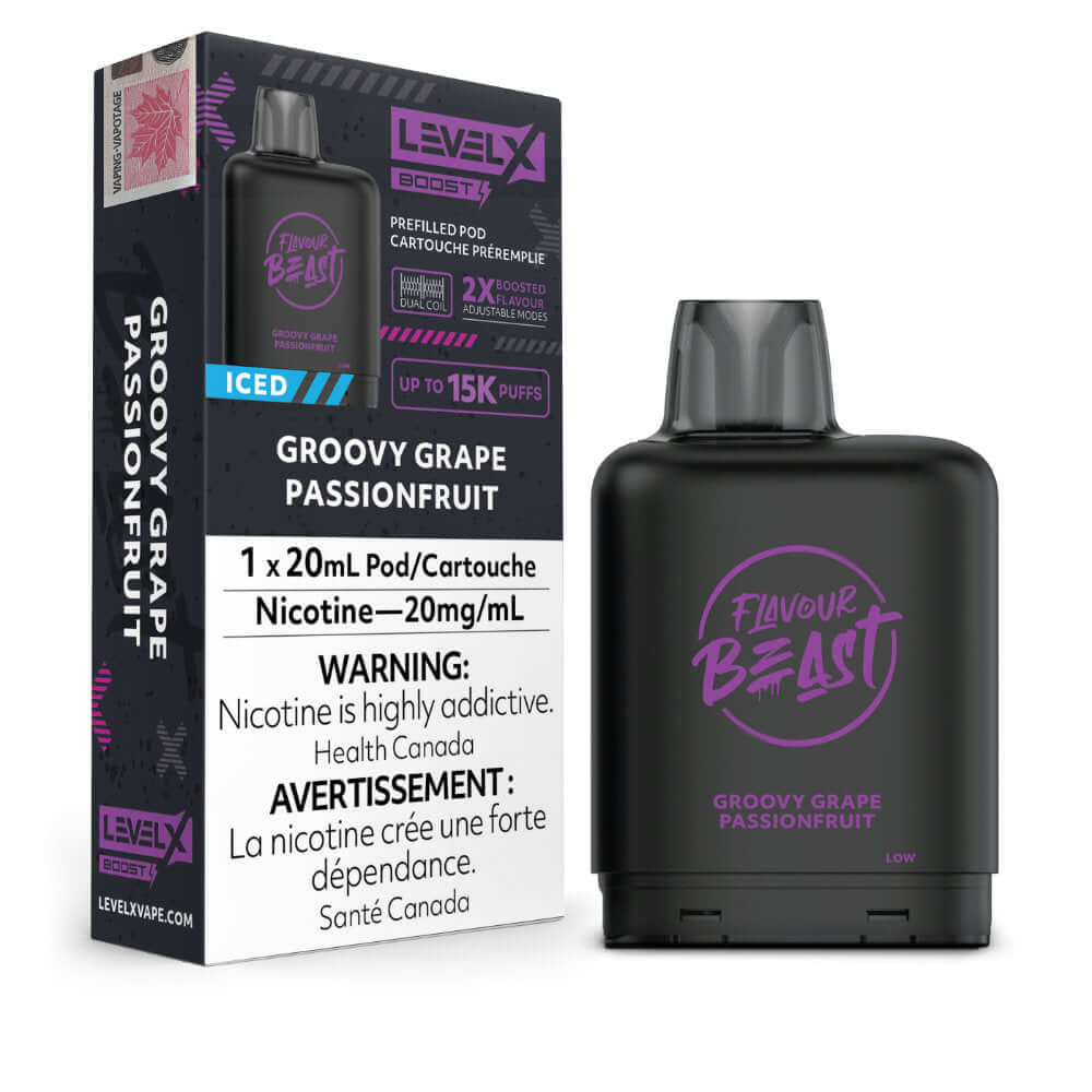 Flavour Beast Boost Vape Pods - Groovy Grape Passionfruit Iced - Level X Flavour Beast Boost Pod 20mL 6PC