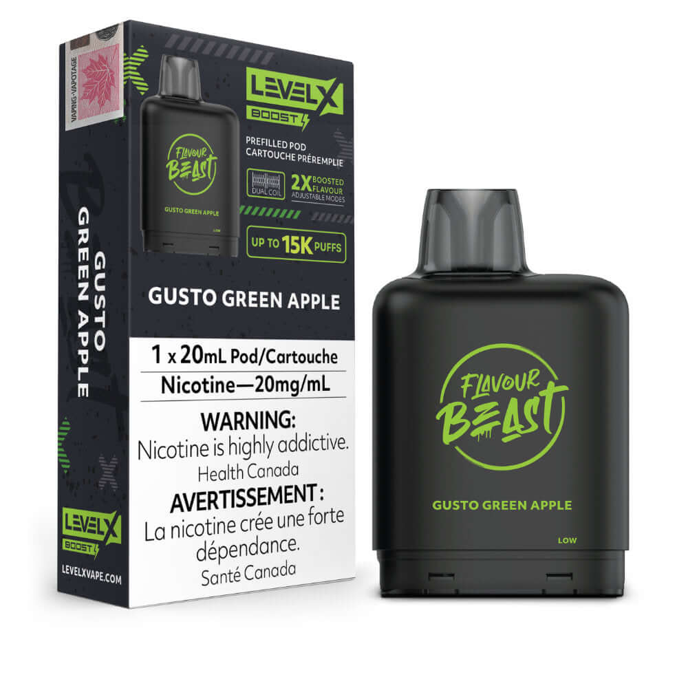 Flavour Beast Boost Vape Pods - Gusto Green Apple - Level X Flavour Beast Boost Pod 20mL 6PC