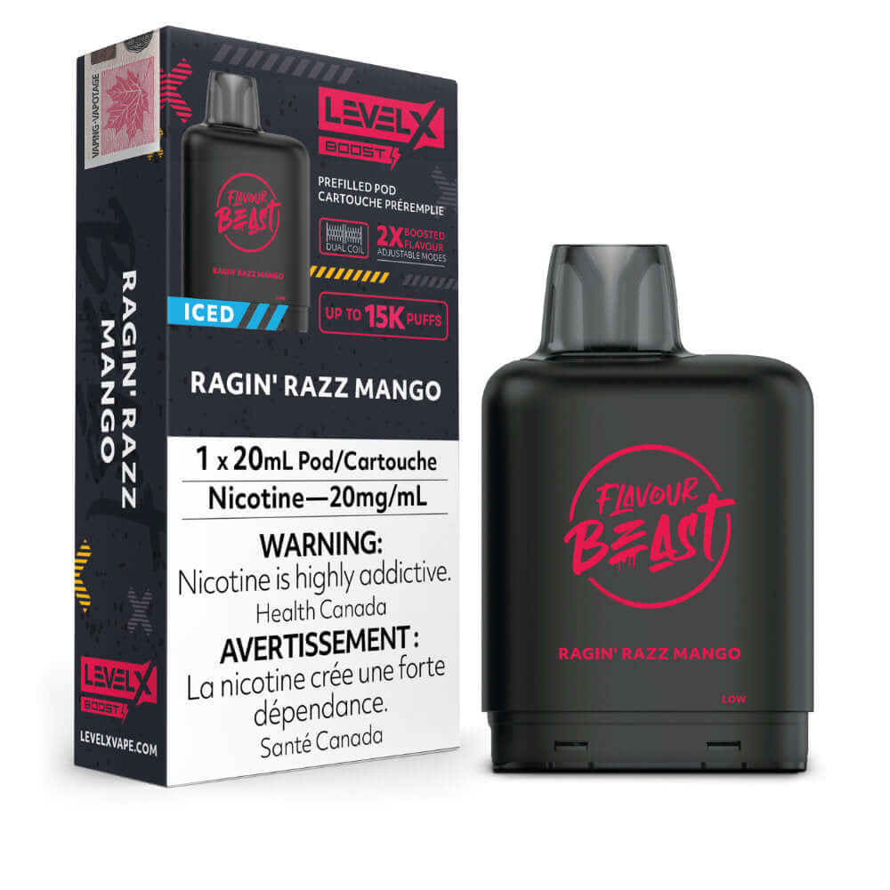 Flavour Beast Boost Vape Pods - Ragin' Razz Mango Iced - Level X Flavour Beast Boost Pod 20mL 6PC