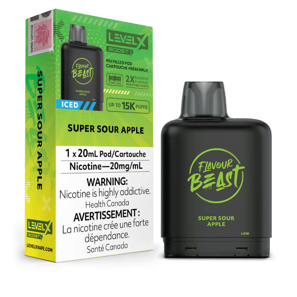 Flavour Beast Boost Vape Pods - Super Sour Apple Iced - Level X Flavour Beast Boost Pod 20mL 6PC