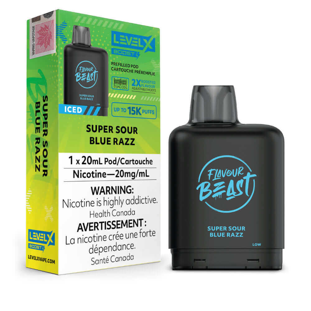 Flavour Beast Boost Vape Pods - Super Sour Blue Razz Iced - Level X Flavour Beast Boost Pod 20mL 6PC