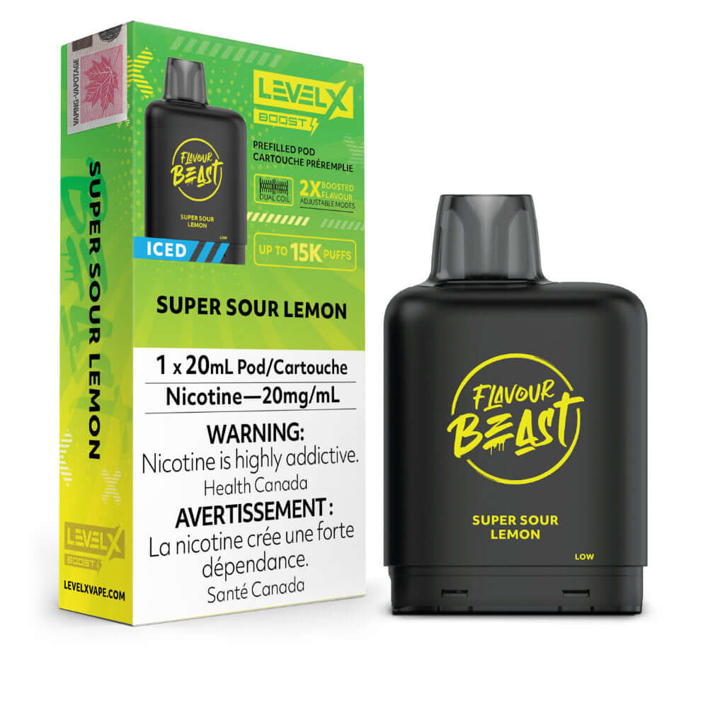 Flavour Beast Boost Vape Pods - Super Sour Lemon Iced - Level X Flavour Beast Boost Pod 20mL 6PC