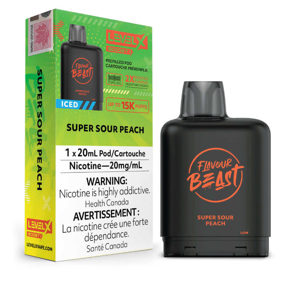 Flavour Beast Boost Vape Pods - Super Sour Peach Iced - Level X Flavour Beast Boost Pod 20mL 6PC